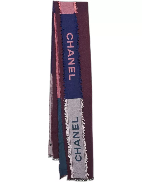 Chanel Multicolor Logo Pattern Cashmere and Silk Raw Edge Scarf