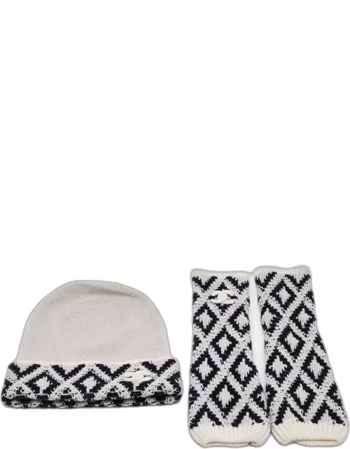 Chanel Blue/White Patterned Cashmere Knit Beanie and Gloves Set