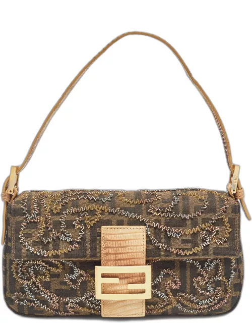 Fendi Beige/Tobacco Zucca Canvas and Lizard Embossed Leather Flap Beaded Baguette Bag