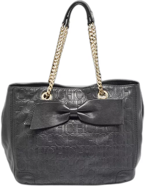 Carolina Herrera Black Monogram Embossed Leather Audrey Tote