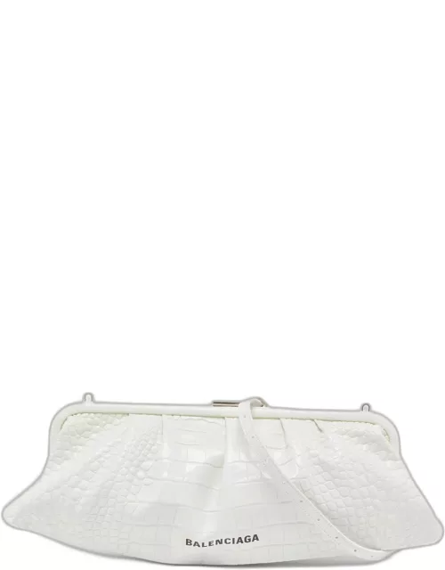 Balenciaga White Croc Embossed Leather XL Cloud Clutch Bag