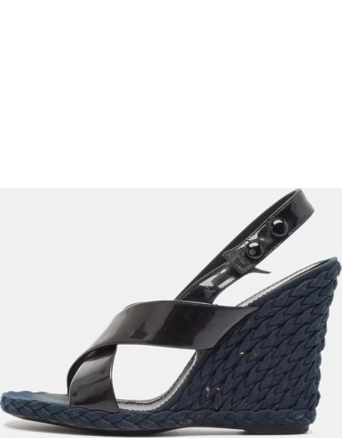 Yves Saint Laurent Black Patent Leather Slingback Wedge Sandal