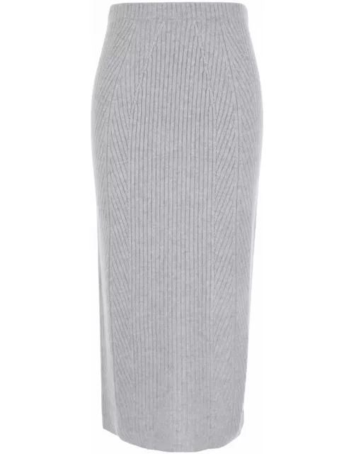 TwinSet Midi Grey Skirt With Logo Patch In Knit Woman