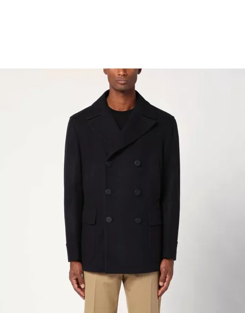 Blue wool blend short double-breasted coat