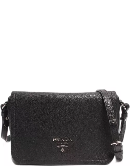 Prada Black Leather Vitello Daino Soft Flap Crossbody Bag