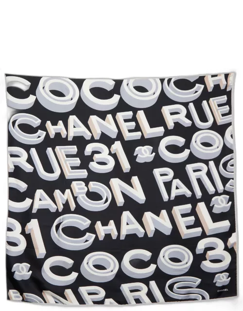 Chanel Black Coco Logo Print Silk Scarf
