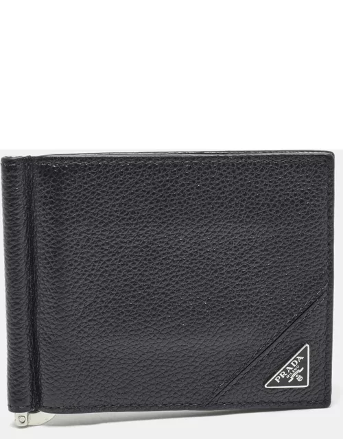 Prada Black Leather Money Clip Bifold Wallet