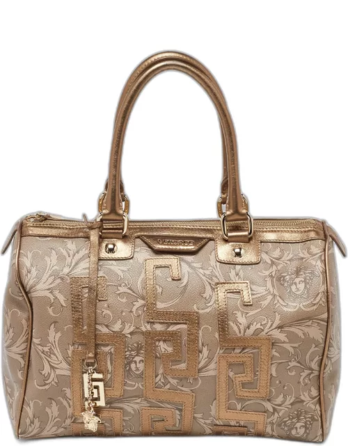 Versace Beige/Gold Printed Coated Canvas and Leather Boston Bag