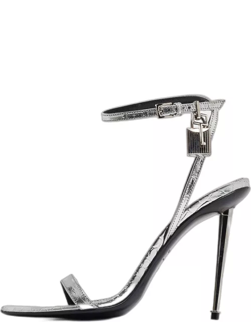 Tom Ford Silver Croc Embossed Patent Leather Padlock Ankle Strap Sandal