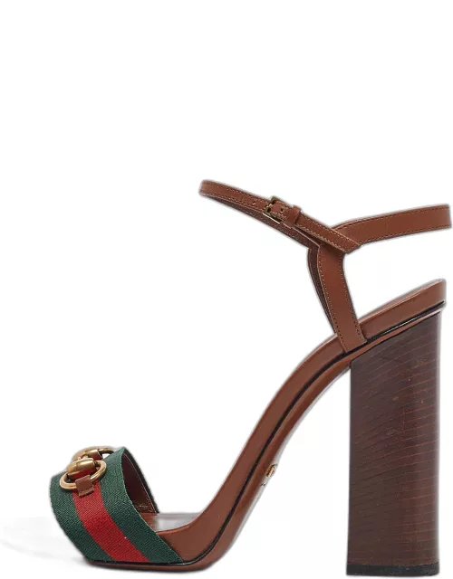 Gucci Brown Leather and Canvas Web Horsebit Ankle Strap Sandal