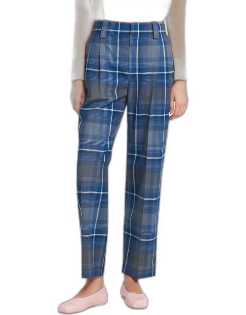 Mid-Rise Check Double-Pleated Straight-Leg Trouser
