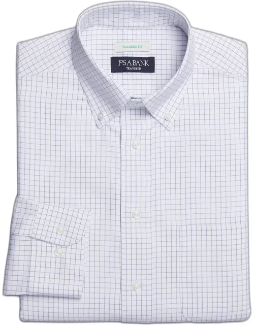 JoS. A. Bank Men's Traveler Collection Tailored Fit Button-Down Collar Grid Dress Shirt, Blue, 16 1/2 X 34