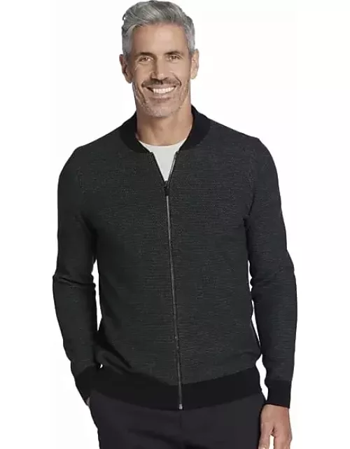 Awearness Kenneth Cole Men's Slim Fit Textured Jacquard Full-Zip Baseball Sweater Black