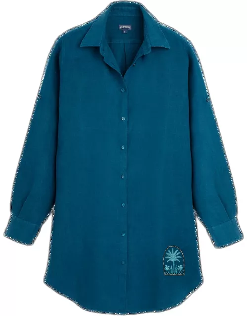 Women Linen Dress Shirt - Vilebrequin X Abu Dhabi - Shirt Dress - Fragance - Blue