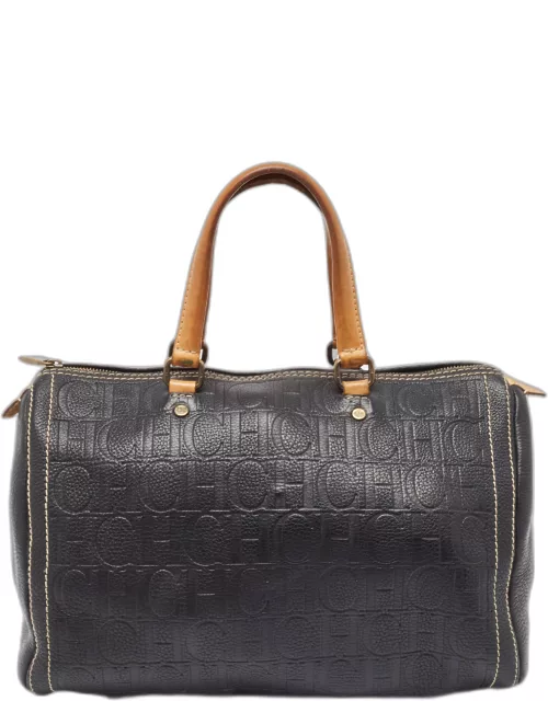 Carolina Herrera Black/Beige Monogram Leather Large Andy Boston Bag