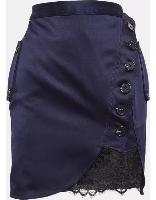 Self-Portrait Navy Blue Lace Trim Satin Buttoned Mini Skirt