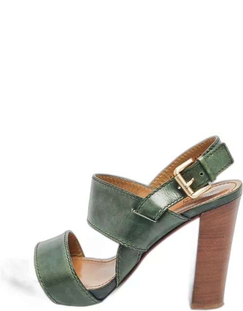 Santoni Green Leather Platform Block Heel Ankle Strap Sandal