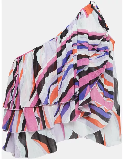 Emilio Pucci Multicolor Lurex Crepe One Shoulder Ruffled Crop Top