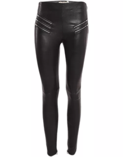 Saint Laurent Black Leather Zipper Detail Skin Fit Pants