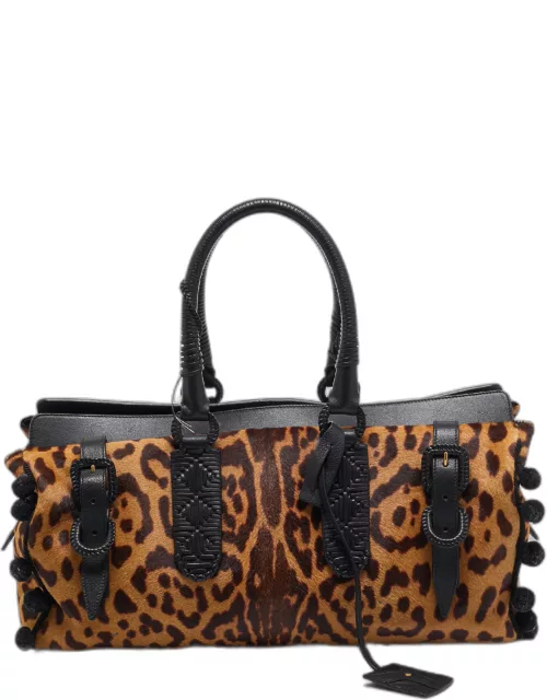 Yves Saint Laurent Black/Brown Leopard Print Calfhair and Leather Pom Pom Duffel Bag