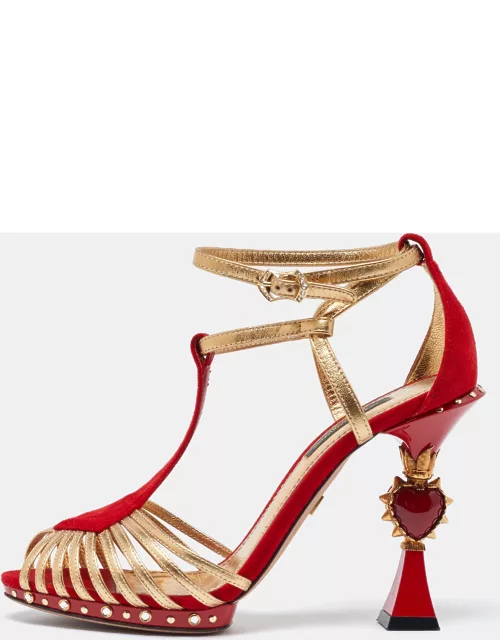 Dolce & Gabbana Red/Gold Leather and Suede Sculpted Ankle Strap Sandal