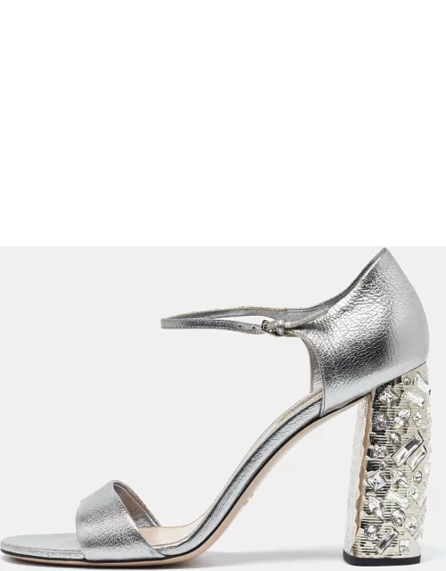 Miu Miu Silver Leather Crystal Embellished Block Heel Ankle Strap Platform Sandal