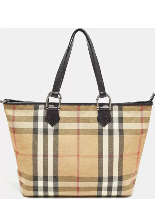 Burberry Beige/Black House Check Shimmer Fabric and Leather Nickie Tote