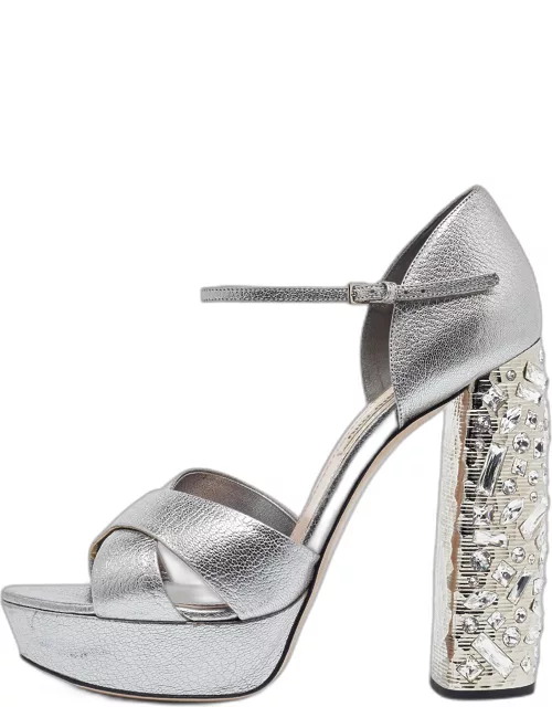 Miu Miu Metallic Silver Leather Crystal Embellished Block Heel Ankle Strap Platform Sandal