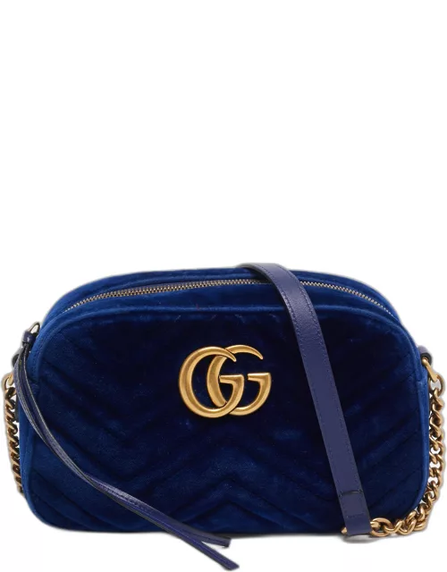 Gucci Blue Matelassé Velvet Leather Small GG Marmont Camera Bag