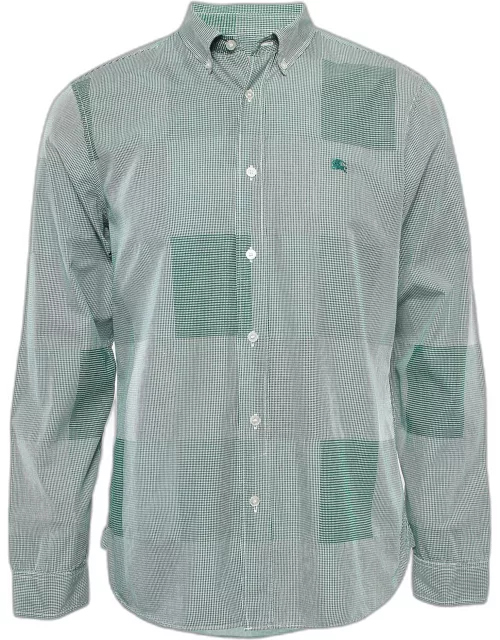 Burberry Green Gingham Logo Embroidered Cotton Buttoned Down Shirt