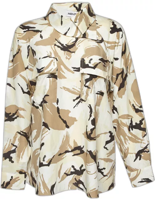 Kenzo Beige Camouflage Print Silk Blend Asymmetric Shirt