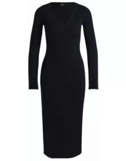 Long-sleeved V-neck dress with ribbed knit- Dark Blue Women's Knitted Dresse