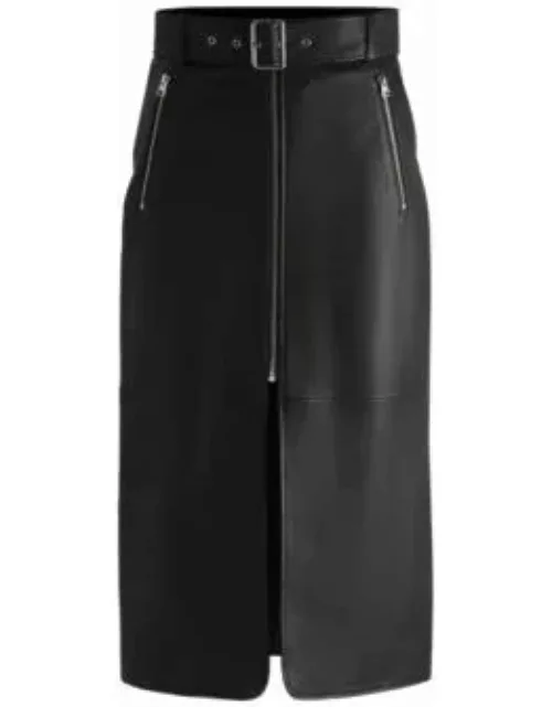Leather midi skirt with zips and belt- Black Women's Skirt