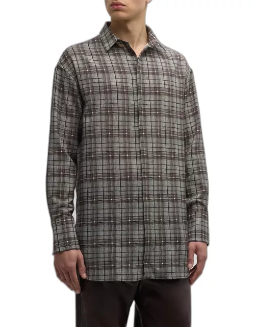 Men's Long Wool Plaid Button-Down Shirt
