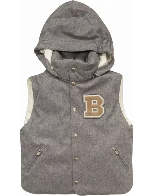 Brunello Cucinelli Sleeveless Down Jacket In Membraned Wool Flannel With Detachable Hood And Patch