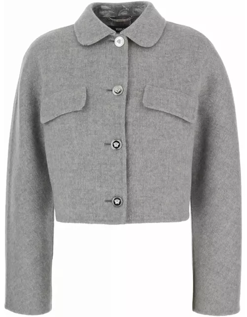 Versace Grey Cropped Jacket With Medusa Buttons In Wool Blend Woman