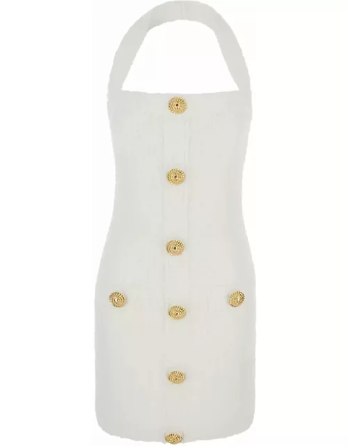 Balmain Mini White Dress With Halterneck And Jewel Buttons In Tweed Woman