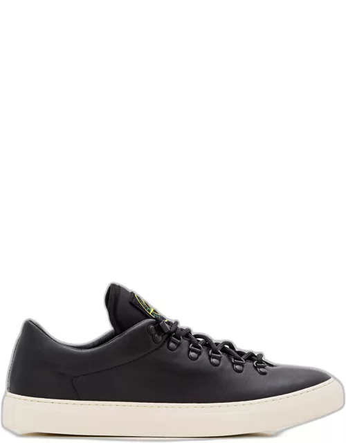 Stone Island Trainers, Lace-up Rings, Loinguetta Logo, Black Leather, White Sole
