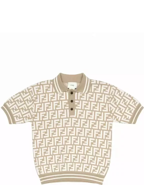 Fendi Beige And White Polo Shirt With Monogram Motif