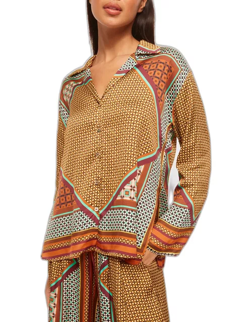 Isme Scarf-Print Long-Sleeve Button-Front Top