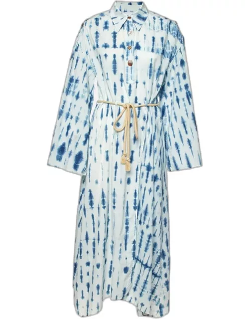 Nanushka Blue Tie-Dye Print Cotton Belted Long Dress