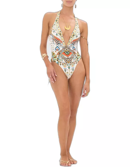 Valley of the Queens Backless Halter One-Piece Swimsuit