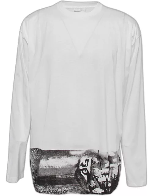 Prada White Graphic Print Cotton Knit Long Sleeve T-Shirt