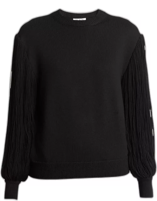 Slit Fringe Sleeve Wool Crewneck Sweater