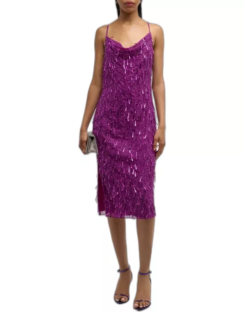 Cowl-Neck Bead and Sequin Midi Dres