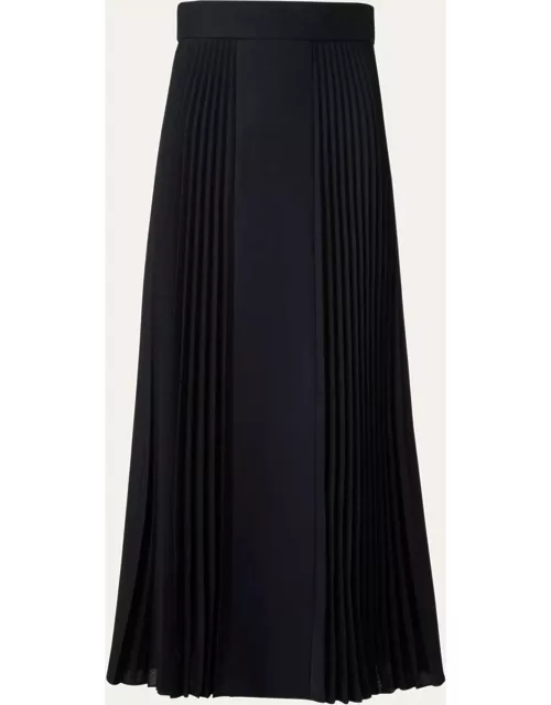 Mixed Media Wool-Blend Plisse Midi Skirt