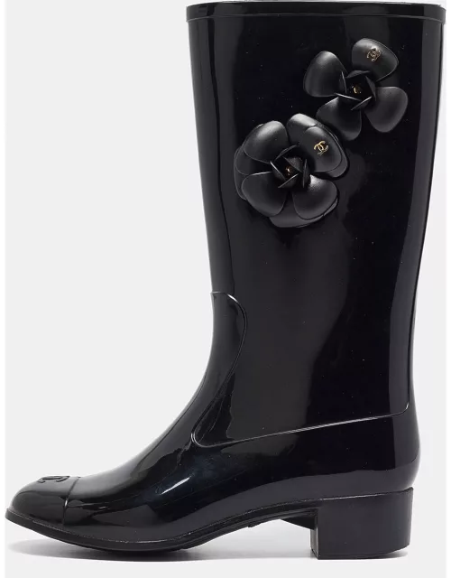 Chanel Black Rubber CC Camellia Rain Boot