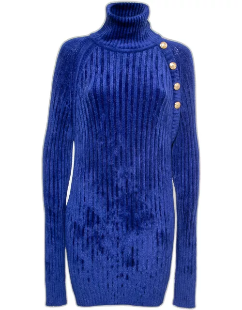 Balmain Blue Knit Button Embellished Turtleneck Sweater Dress