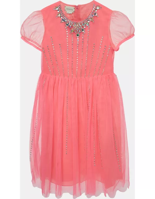 Gucci Neon Pink Crystal Embellished Tulle Tiger Dress (10 Yrs)