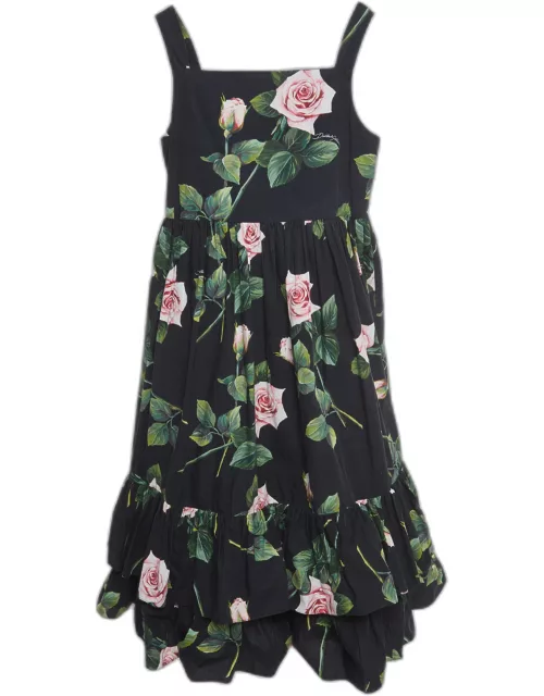 Dolce & Gabbana Black Rose Print Cotton Poplin Dress (11-12 Yrs)